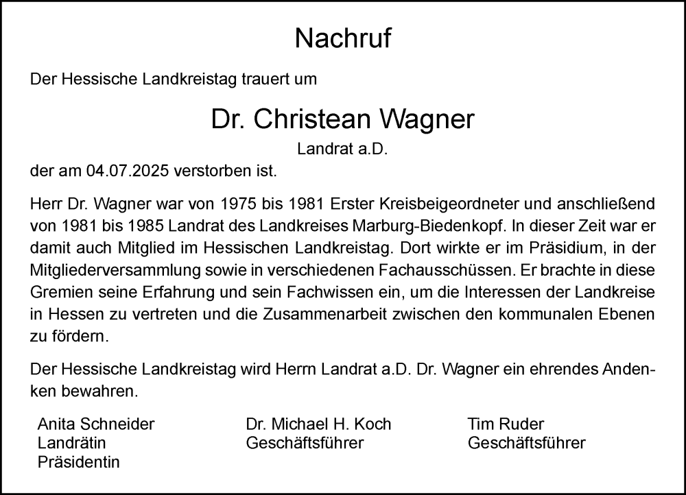  Traueranzeige für Christean Wagner vom 12.07.2025 aus Hinterländer Anzeiger