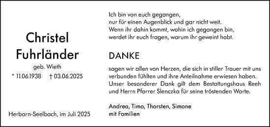 Traueranzeige von Christel Fuhrländer von Dill Block