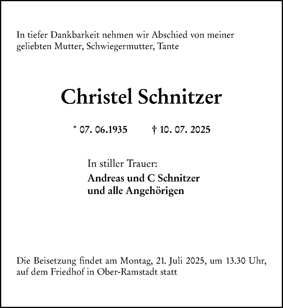  Traueranzeige für Christel Schnitzer vom 19.07.2025 aus Darmstädter Echo