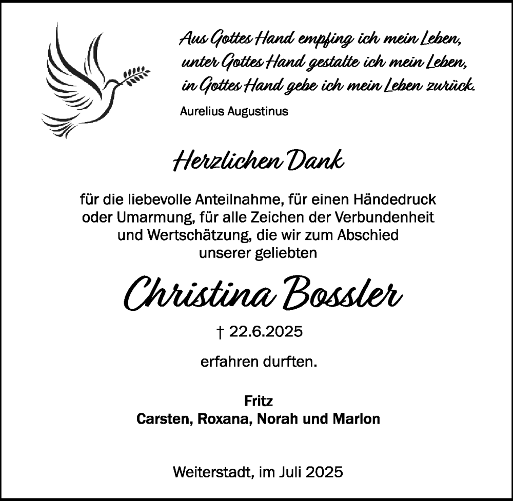  Traueranzeige für Christina Bossler vom 26.07.2025 aus Darmstädter Echo