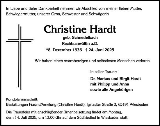 Traueranzeige von Christine Hardt von Wiesbadener Kurier