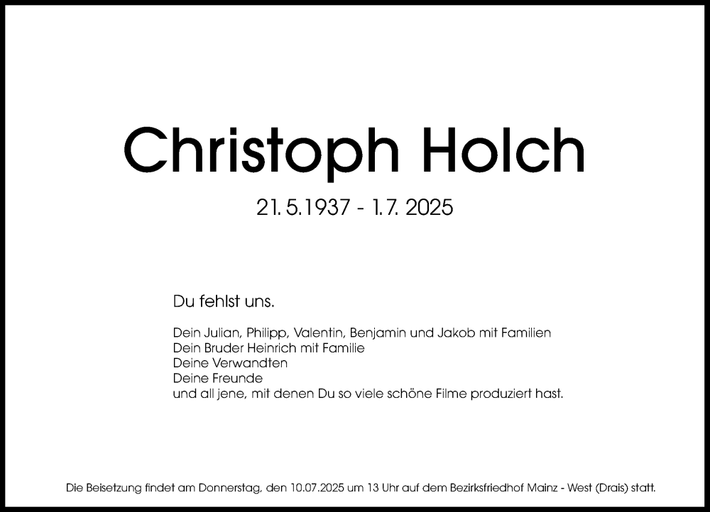  Traueranzeige für Christoph Holch vom 05.07.2025 aus Allgemeine Zeitung Mainz