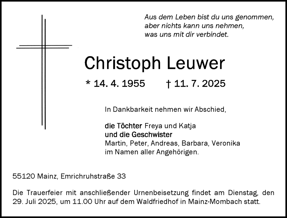  Traueranzeige für Christoph Leuwer vom 19.07.2025 aus Allgemeine Zeitung Mainz