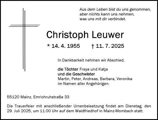 Traueranzeige von Christoph Leuwer von Allgemeine Zeitung Mainz