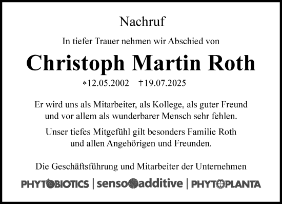 Traueranzeige von Christoph Martin Roth von Wiesbadener Kurier