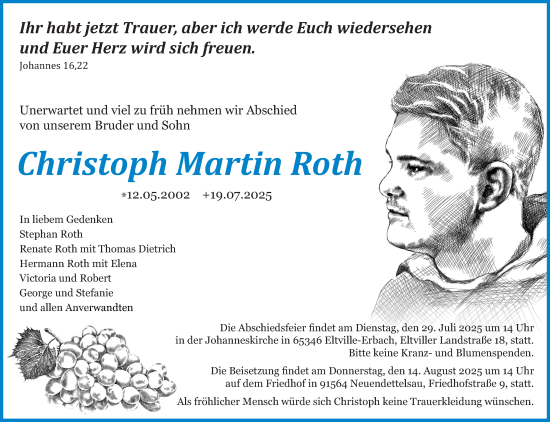 Traueranzeige von Christoph Martin Roth von Wiesbadener Kurier
