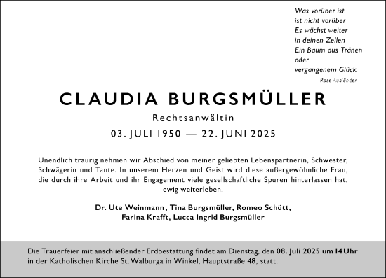 Traueranzeige von Claudia Burgsmüller von Wiesbadener Kurier