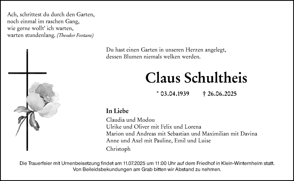  Traueranzeige für Claus Schultheis vom 05.07.2025 aus Allgemeine Zeitung Mainz