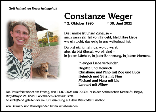 Traueranzeige von Constanze Weger von Wiesbadener Kurier