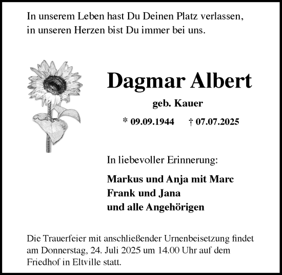 Traueranzeige von Dagmar Albert von Wiesbadener Kurier