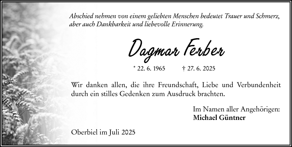  Traueranzeige für Dagmar Ferber vom 26.07.2025 aus Wetzlarer Neue Zeitung