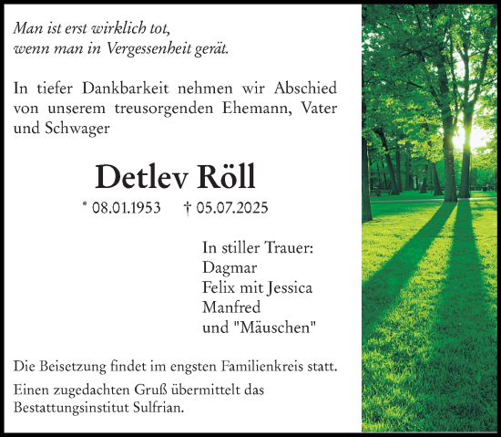 Traueranzeige von Detlev Röll von Allgemeine Zeitung Alzey