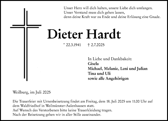 Traueranzeige von Dieter Hardt von Weilburger Tageblatt