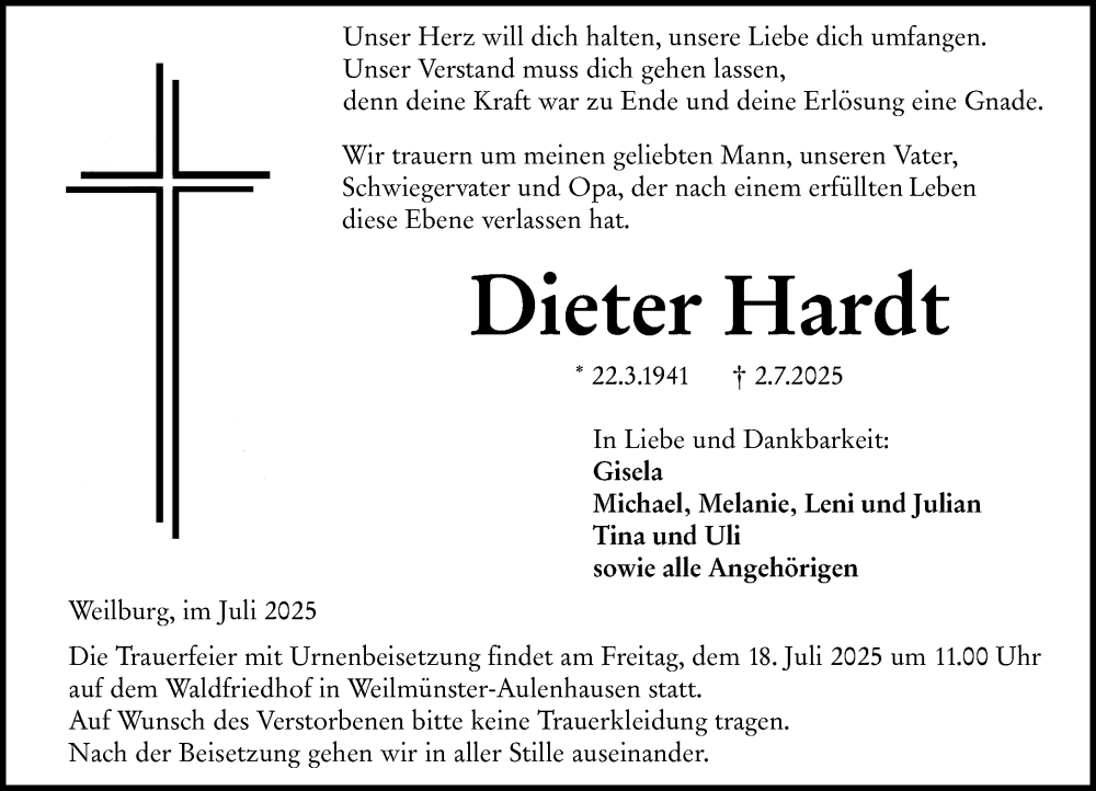  Traueranzeige für Dieter Hardt vom 15.07.2025 aus Weilburger Tageblatt