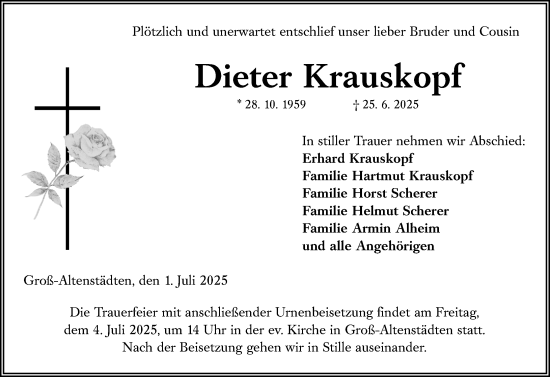 Traueranzeige von Dieter Krauskopf von Wetzlarer Neue Zeitung