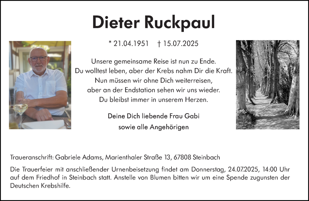  Traueranzeige für Dieter Ruckpaul vom 22.07.2025 aus Wormser Zeitung