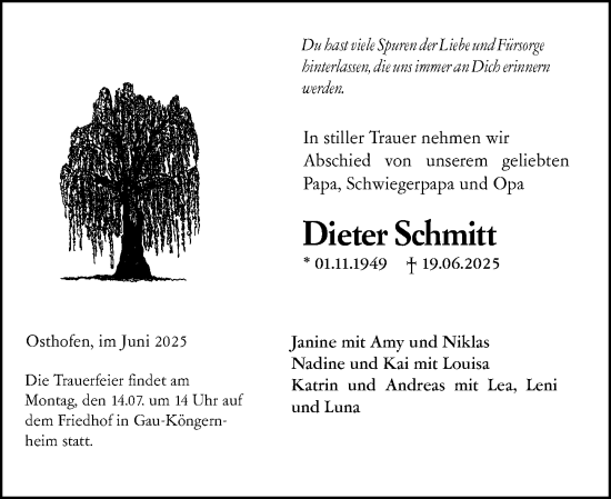 Traueranzeige von Dieter Schmitt von Allgemeine Zeitung Alzey