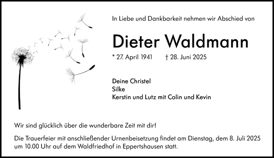 Traueranzeige von Dieter Waldmann von Darmstädter Echo