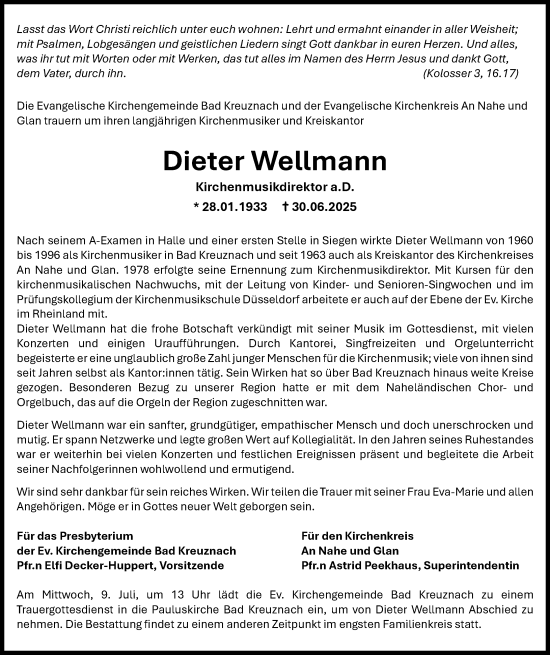 Traueranzeige von Dieter Wellmann von Allgemeine Zeitung Rheinhessen-Nahe