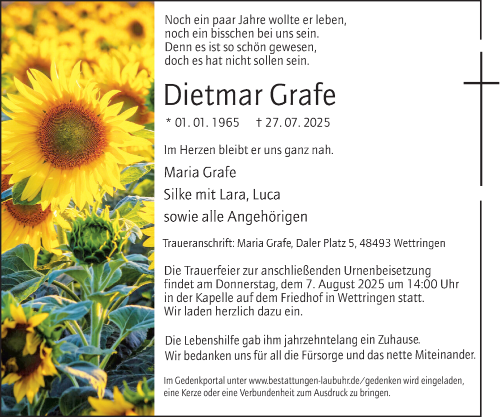  Traueranzeige für Dietmar Grafe vom 30.07.2025 aus Wormser Zeitung