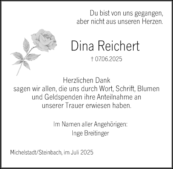 Traueranzeige von Dina Reichert von Odenwälder Echo
