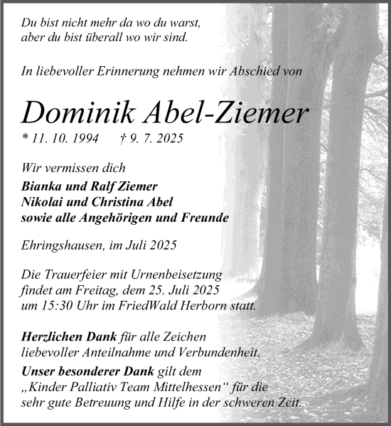Traueranzeige von Dominik Abel-Ziemer von Wetzlarer Neue Zeitung