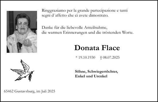 Traueranzeige von Donata Flace von Allgemeine Zeitung Mainz