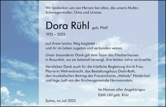 Traueranzeige von Dora Rühl von Wetzlarer Neue Zeitung