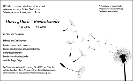 Traueranzeige von Doris Biedenbänder von Darmstädter Echo