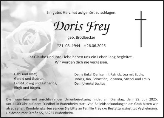 Traueranzeige von Doris Frey von Allgemeine Zeitung Mainz