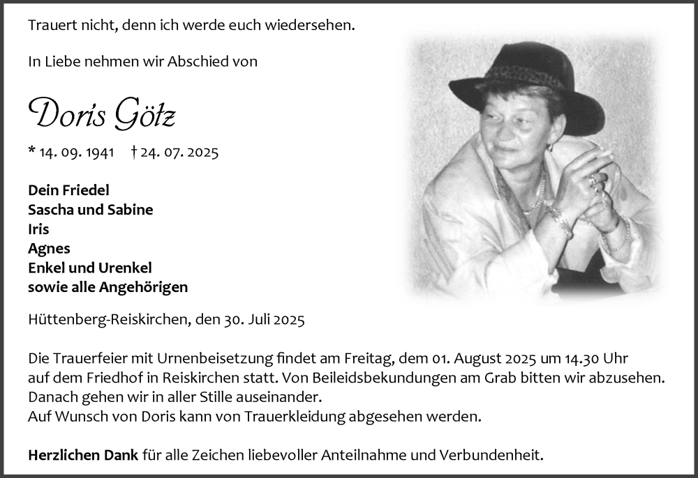  Traueranzeige für Doris Götz vom 30.07.2025 aus Wetzlarer Neue Zeitung