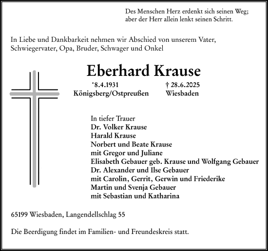 Traueranzeige von Eberhard Krause von Wiesbadener Kurier
