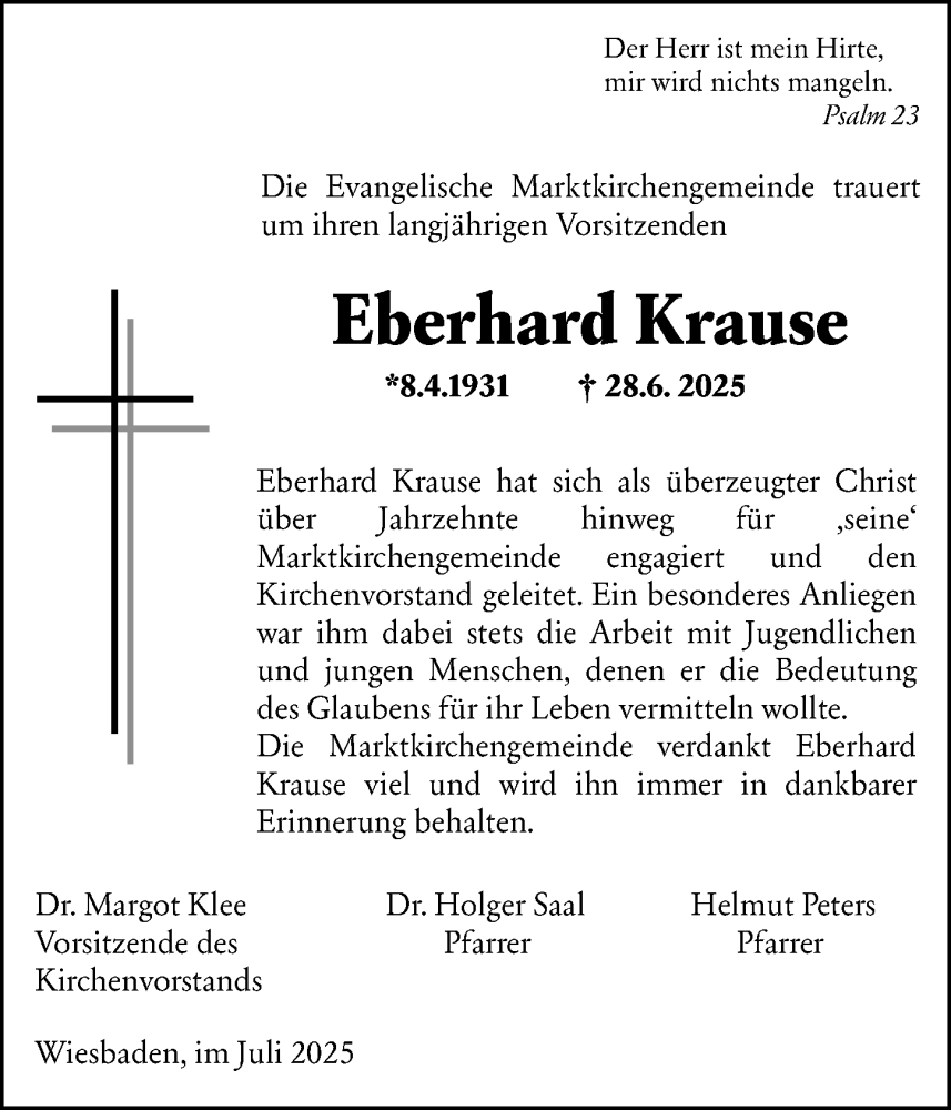  Traueranzeige für Eberhard Krause vom 12.07.2025 aus Wiesbadener Kurier