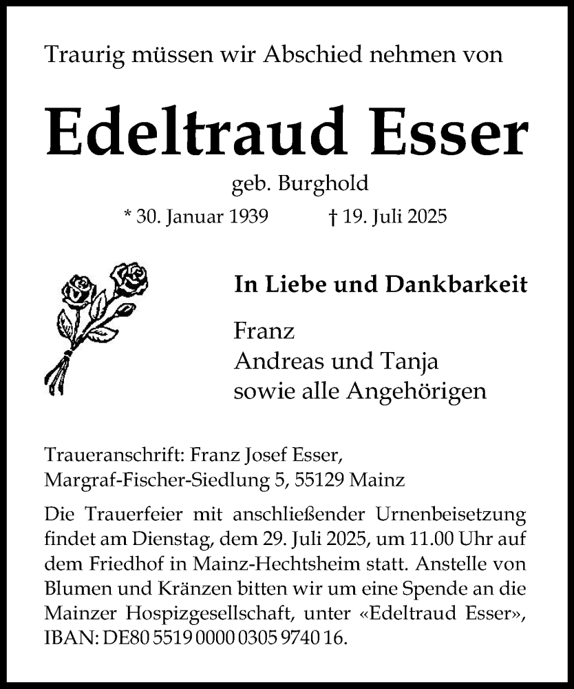  Traueranzeige für Edeltraud Esser vom 26.07.2025 aus Allgemeine Zeitung Mainz