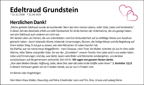 Traueranzeige von Edeltraud Grundstein von Allgemeine Zeitung Mainz