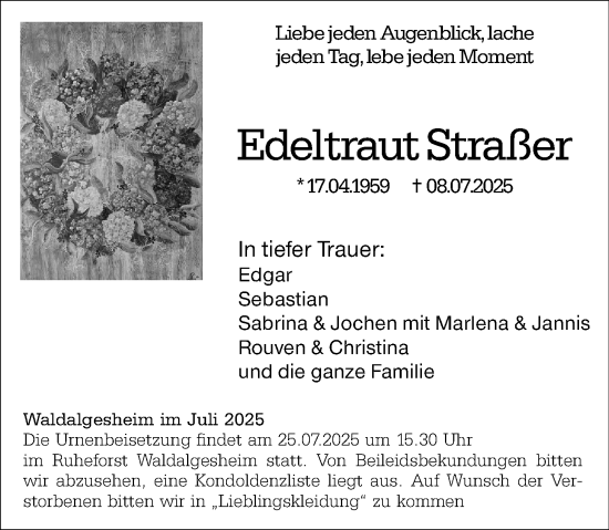 Traueranzeige von Edeltraut Straßer von Binger-/Ingelheimer Wochenblatt