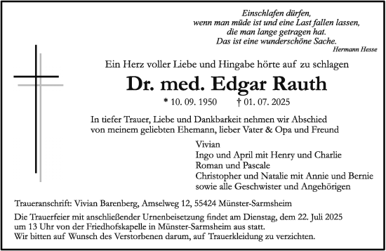 Traueranzeige von Edgar Rauth von Allgemeine Zeitung Rheinhessen-Nahe