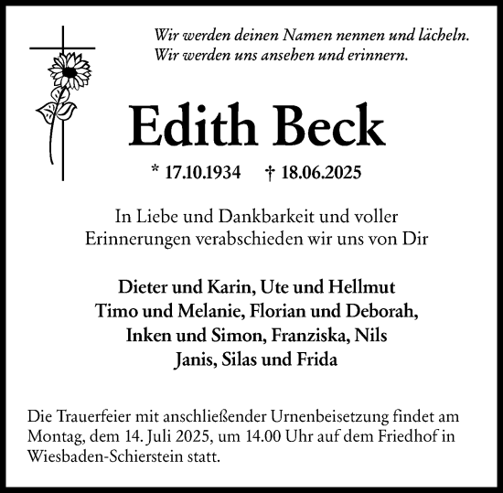Traueranzeige von Edith Beck von Wiesbadener Kurier