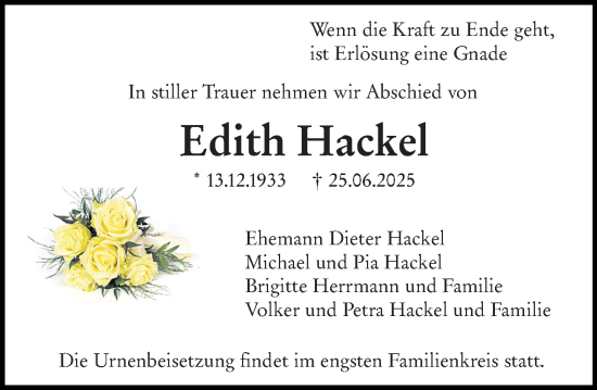 Traueranzeige von Edith Hackel von Wormser Zeitung
