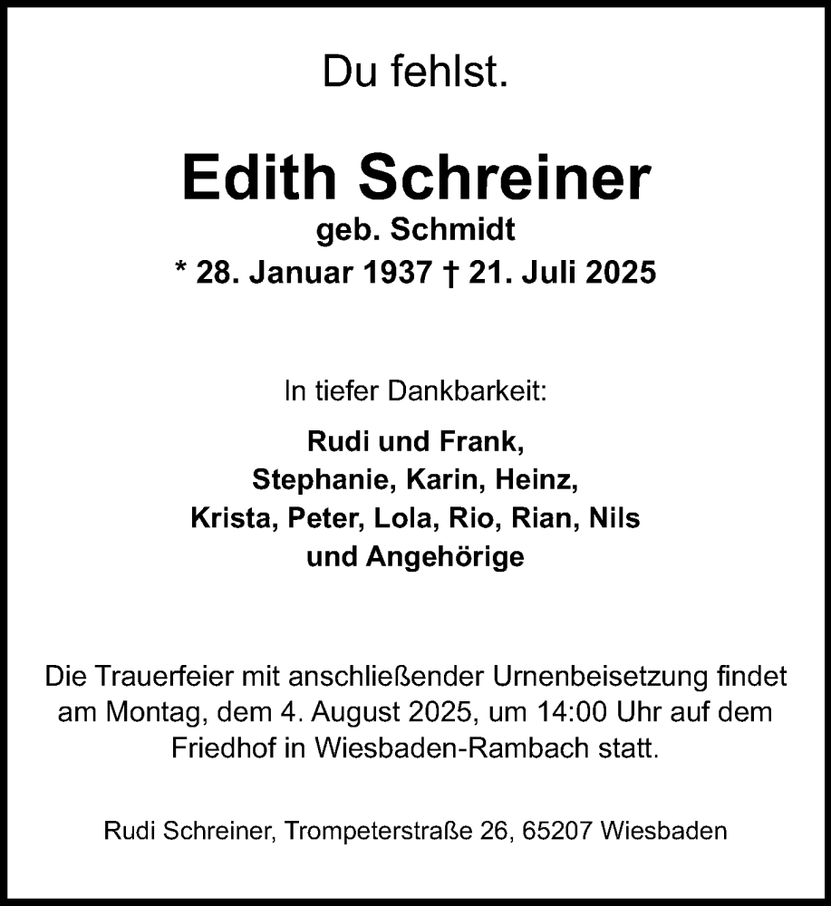  Traueranzeige für Edith Schreiner vom 26.07.2025 aus Wiesbadener Kurier