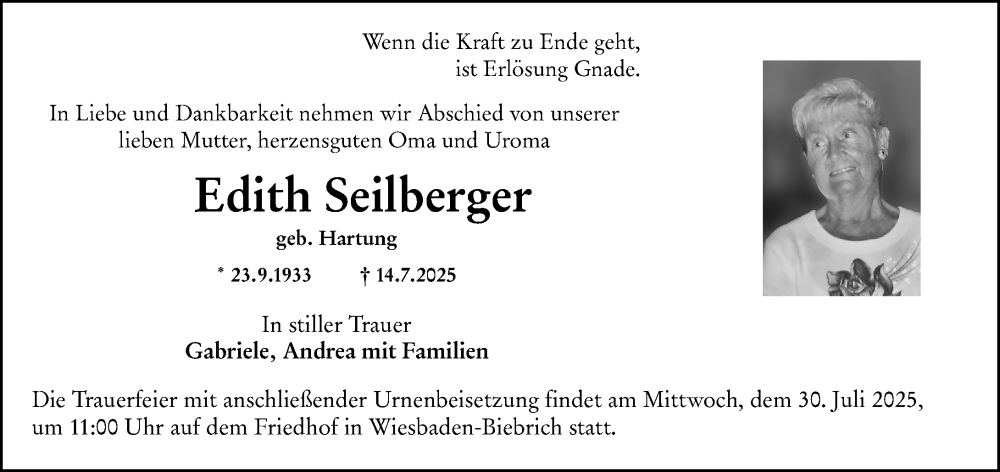  Traueranzeige für Edith Seilberger vom 19.07.2025 aus Wiesbadener Kurier