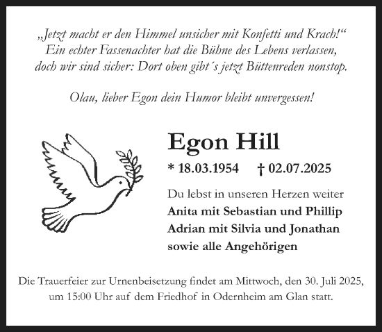 Traueranzeige von Egon Hill von Allgemeine Zeitung Rheinhessen-Nahe