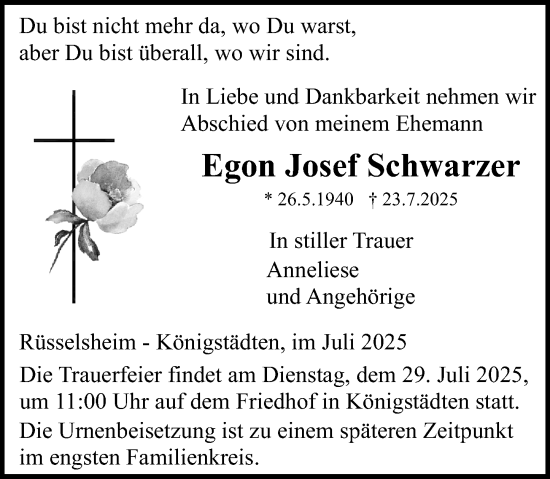 Traueranzeige von Egon Josef Schwarzer von Rüsselsheimer Echo