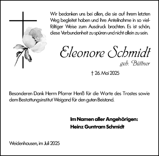 Traueranzeige von Eleonore Schmidt von Hinterländer Anzeiger