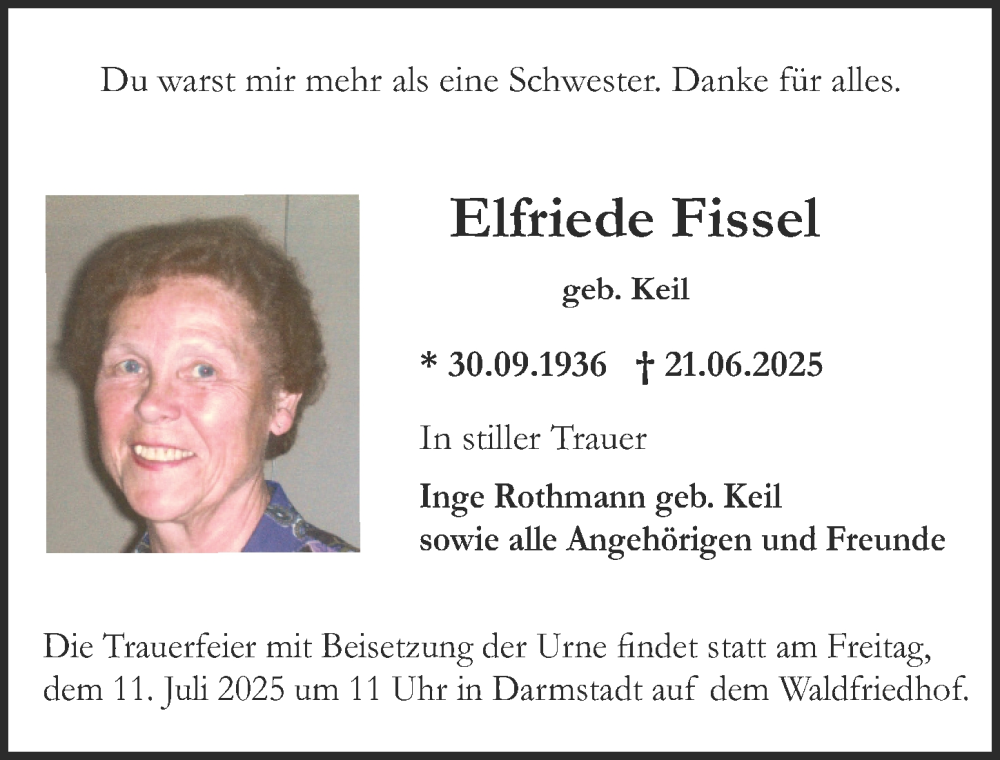  Traueranzeige für Elfriede Fissel vom 05.07.2025 aus Darmstädter Echo