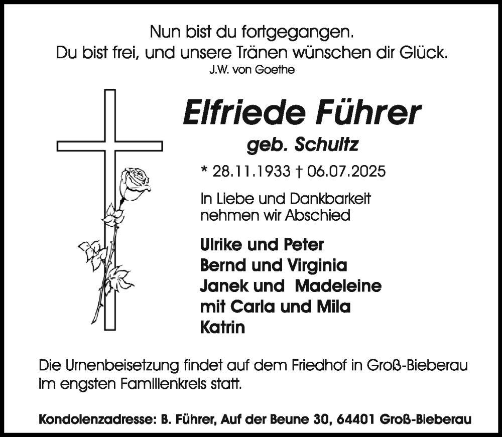  Traueranzeige für Elfriede Führer vom 12.07.2025 aus Darmstädter Echo
