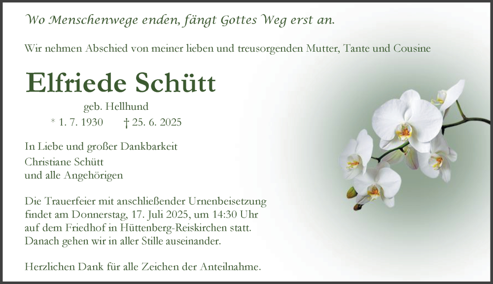  Traueranzeige für Elfriede Schütt vom 12.07.2025 aus Wetzlarer Neue Zeitung