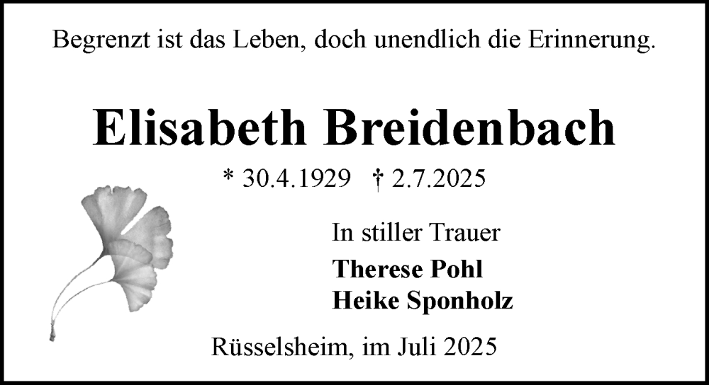  Traueranzeige für Elisabeth Breidenbach vom 12.07.2025 aus Rüsselsheimer Echo