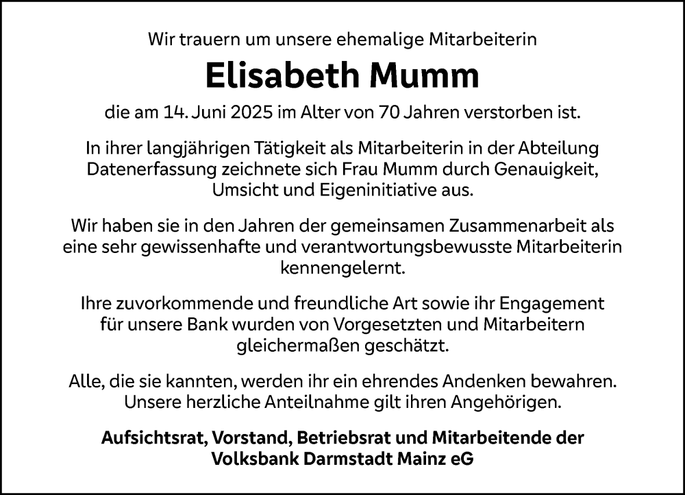  Traueranzeige für Elisabeth Mumm vom 12.07.2025 aus Allgemeine Zeitung Mainz