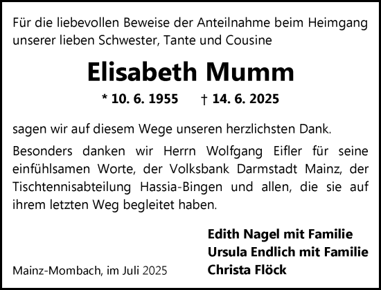 Traueranzeige von Elisabeth Mumm von Allgemeine Zeitung Mainz